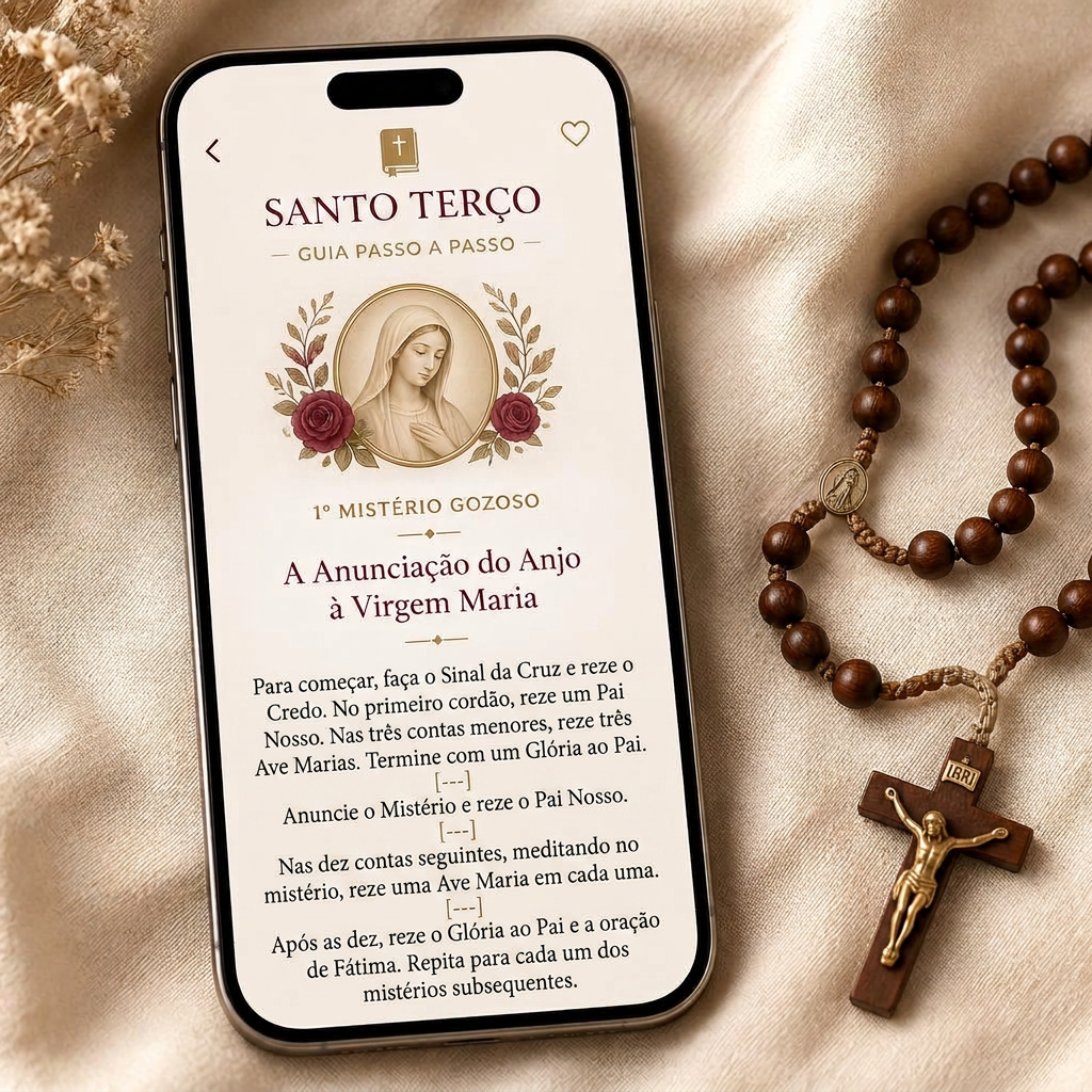 Ebook do Santo Terço completo exibido no celular ao lado de um terço de madeira